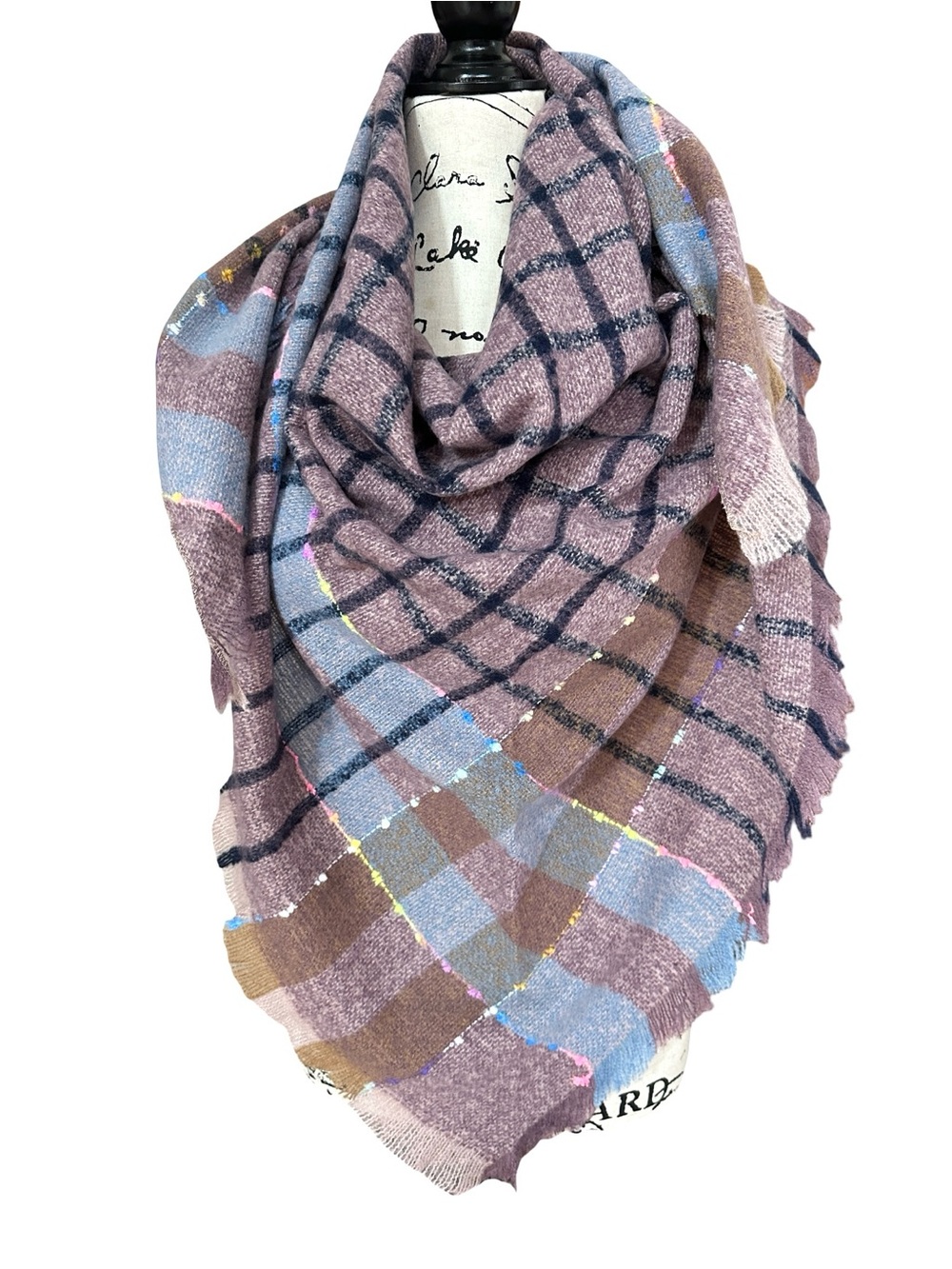 Luxury Cashmere Acrylic Plaid Triangle Scarf Mauve Blue Yellow Pink Black